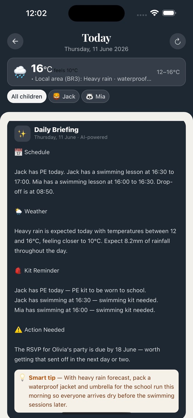 SchoolSphere AI daily briefing — schedule, weather, kit reminders and actions